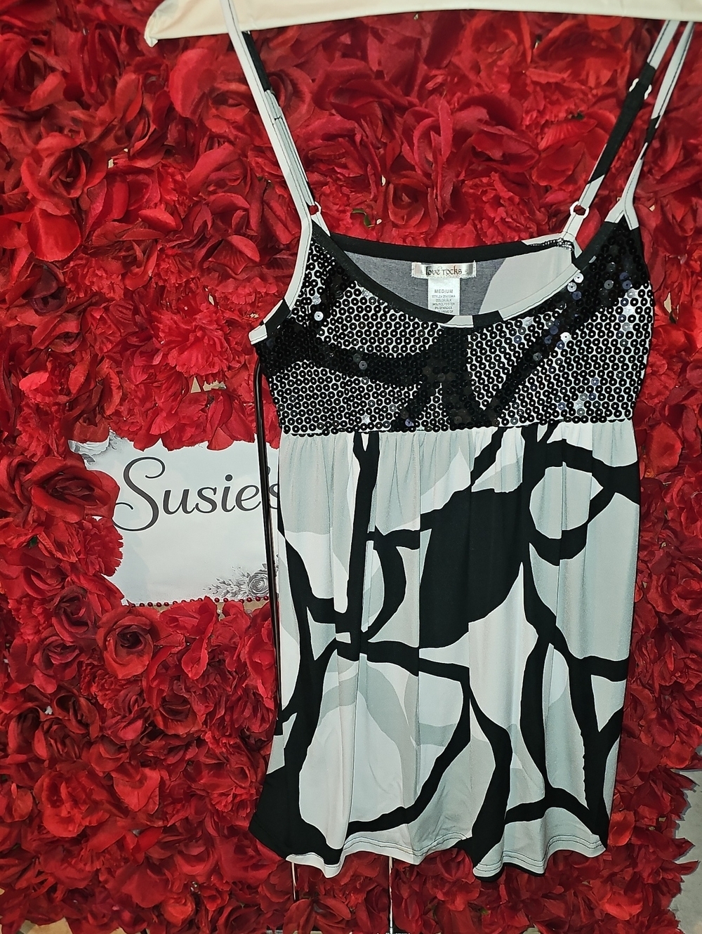 Love Rocks Black,White, Grey Patterned Mini Dress/Shirt with Sequins  Size Med